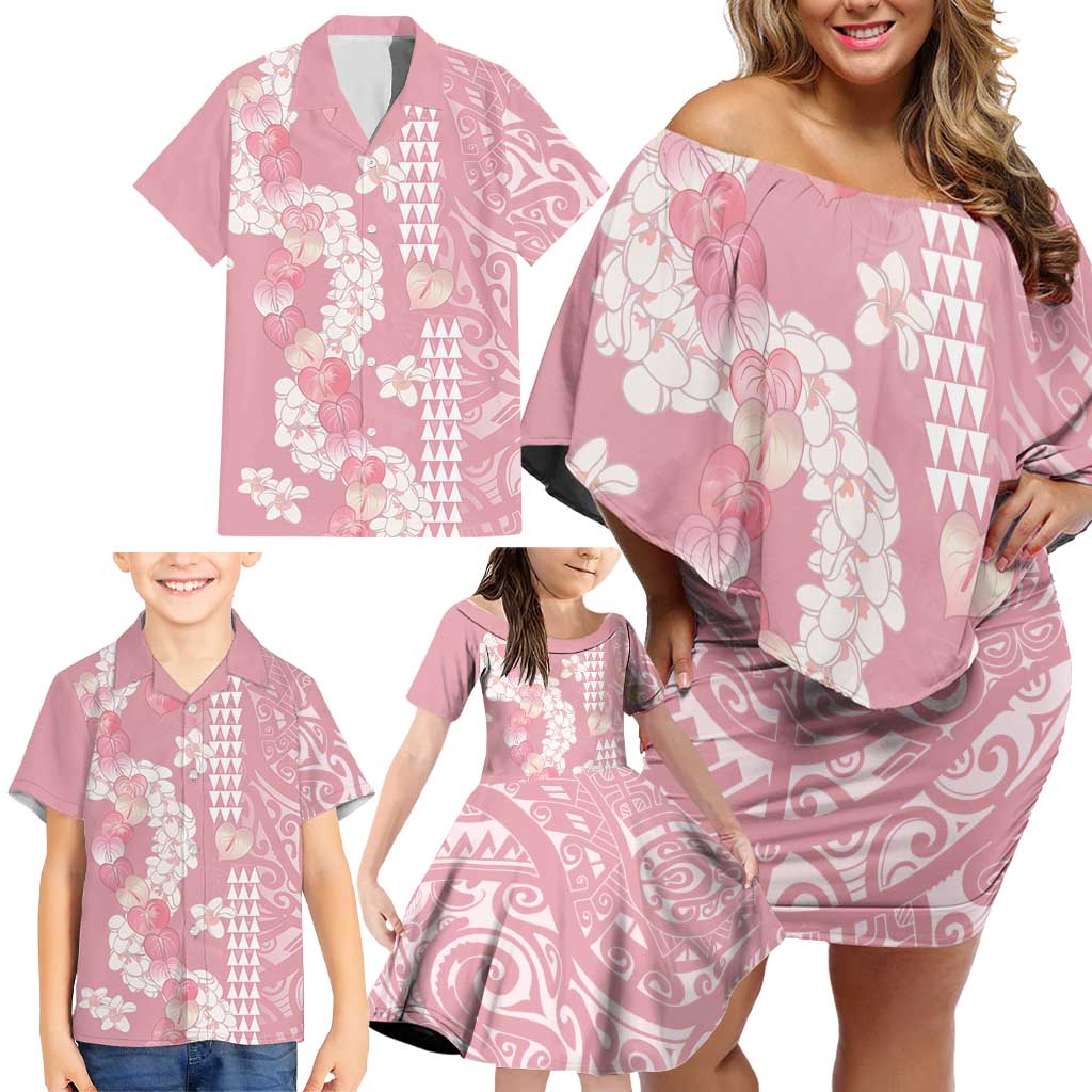 Soft Pink Hawaii Anthurium Plumeria Lei Family Matching Off Shoulder Short Dress and Hawaiian Shirt LT9 - Polynesian Pride