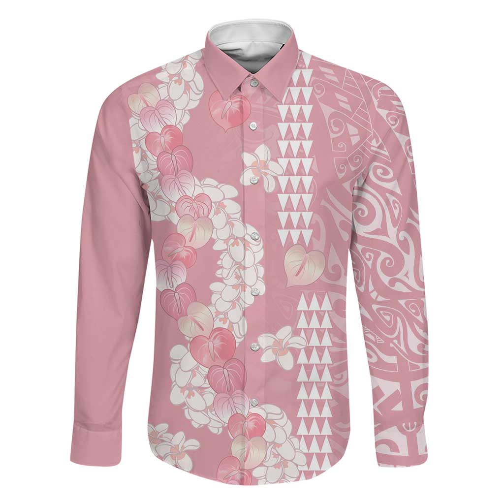 Soft Pink Hawaii Anthurium Plumeria Lei Family Matching Summer Maxi Dress and Hawaiian Shirt LT9 Dad's Shirt - Long Sleeve Pink - Polynesian Pride