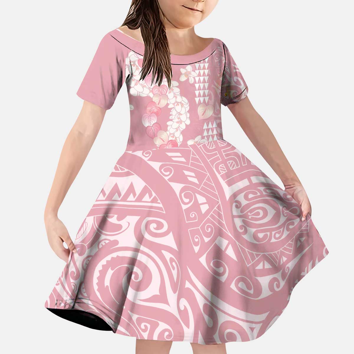 Soft Pink Hawaii Anthurium Plumeria Lei Kid Short Sleeve Dress