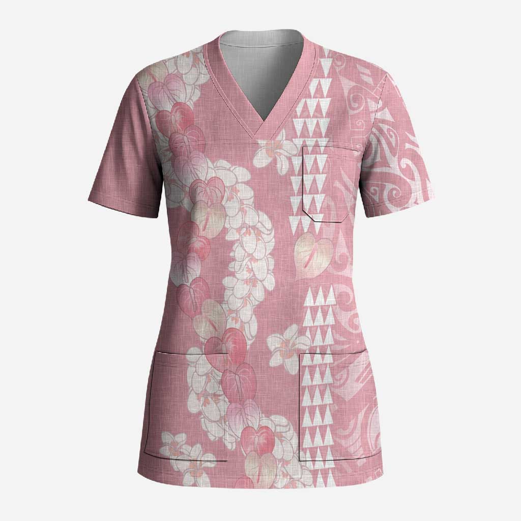 Soft Pink Hawaii Anthurium Plumeria Lei Scrub Top