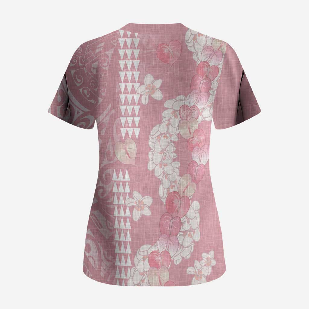 Soft Pink Hawaii Anthurium Plumeria Lei Scrub Top
