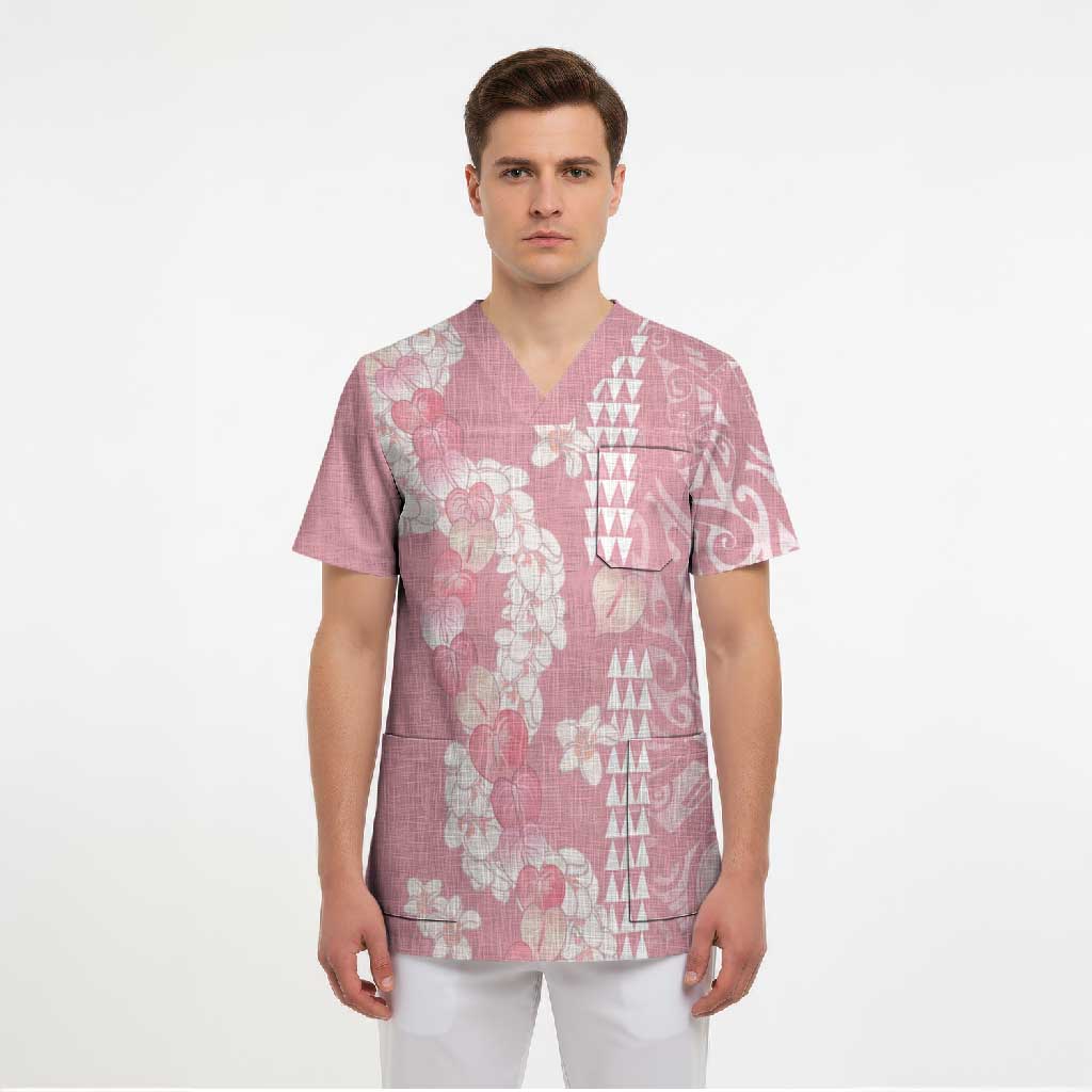 Soft Pink Hawaii Anthurium Plumeria Lei Scrub Top