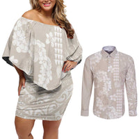 Suede Beige Hawaii Anthurium Plumeria Lei Couples Matching Off Shoulder Short Dress and Long Sleeve Button Shirt
