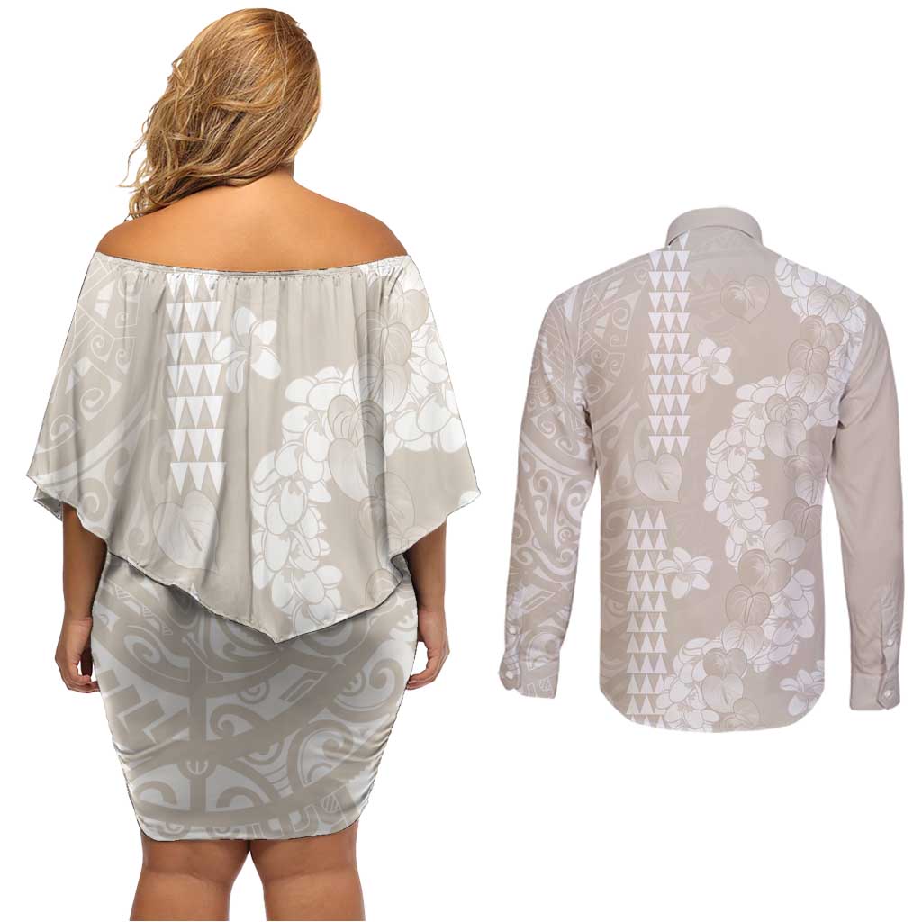 Suede Beige Hawaii Anthurium Plumeria Lei Couples Matching Off Shoulder Short Dress and Long Sleeve Button Shirt