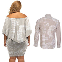 Suede Beige Hawaii Anthurium Plumeria Lei Couples Matching Off Shoulder Short Dress and Long Sleeve Button Shirt