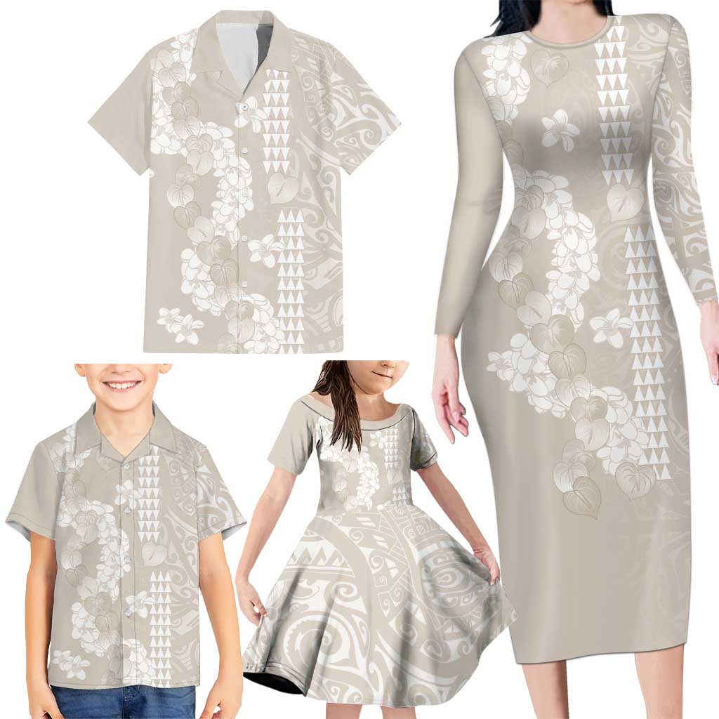 Suede Beige Hawaii Anthurium Plumeria Lei Family Matching Long Sleeve Bodycon Dress and Hawaiian Shirt