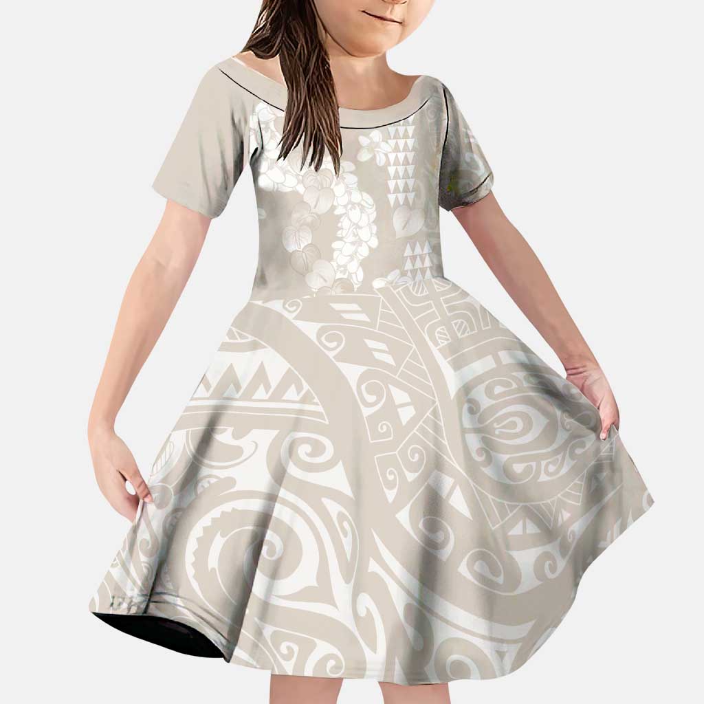 Suede Beige Hawaii Anthurium Plumeria Lei Family Matching Off Shoulder Maxi Dress and Hawaiian Shirt