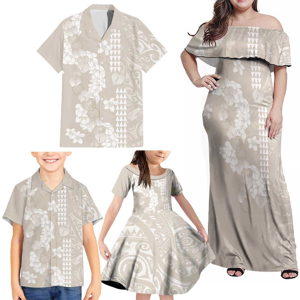 Suede Beige Hawaii Anthurium Plumeria Lei Family Matching Off Shoulder Maxi Dress and Hawaiian Shirt