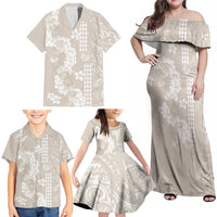 Suede Beige Hawaii Anthurium Plumeria Lei Family Matching Off Shoulder Maxi Dress and Hawaiian Shirt