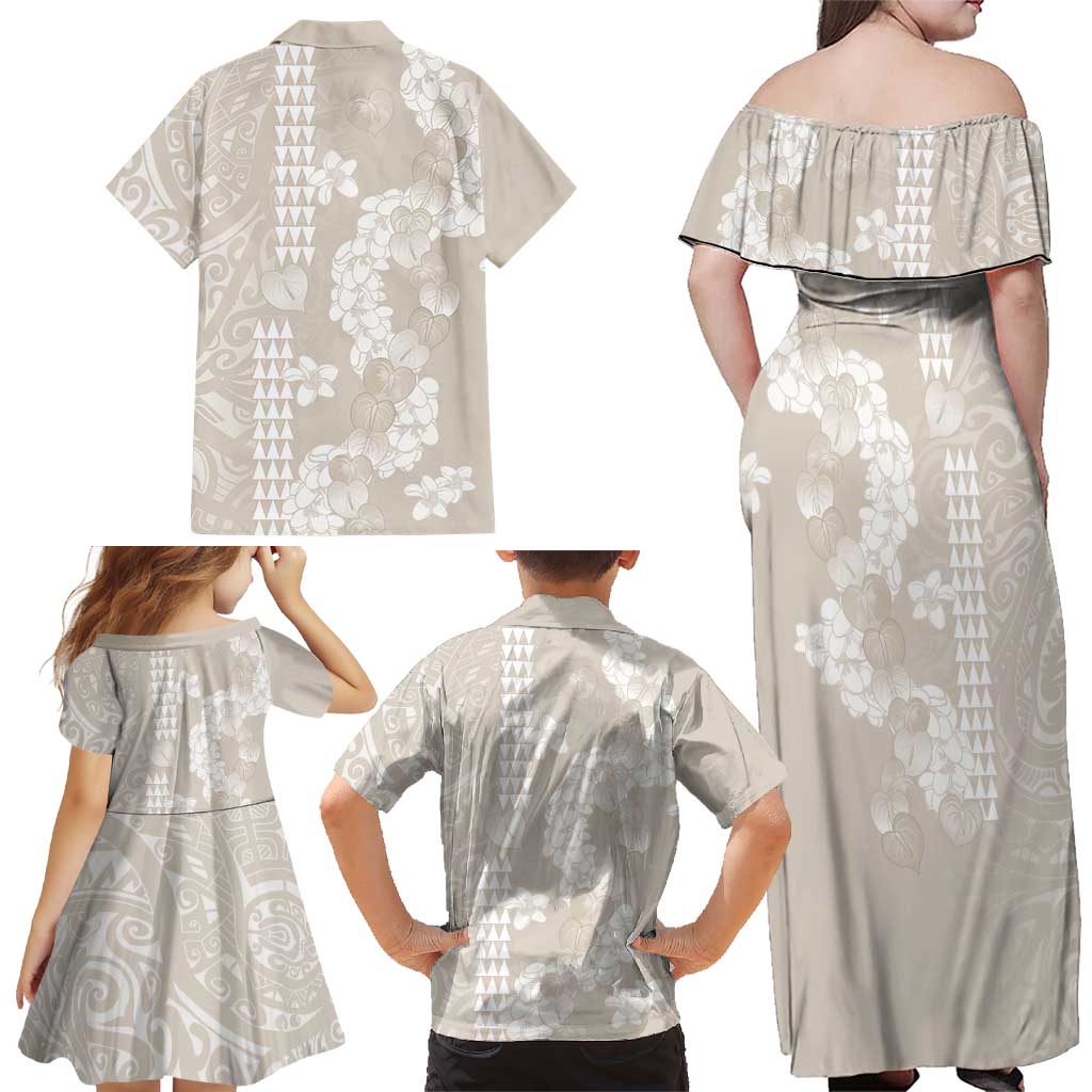 Suede Beige Hawaii Anthurium Plumeria Lei Family Matching Off Shoulder Maxi Dress and Hawaiian Shirt