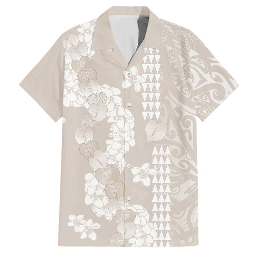 Suede Beige Hawaii Anthurium Plumeria Lei Family Matching Off Shoulder Maxi Dress and Hawaiian Shirt