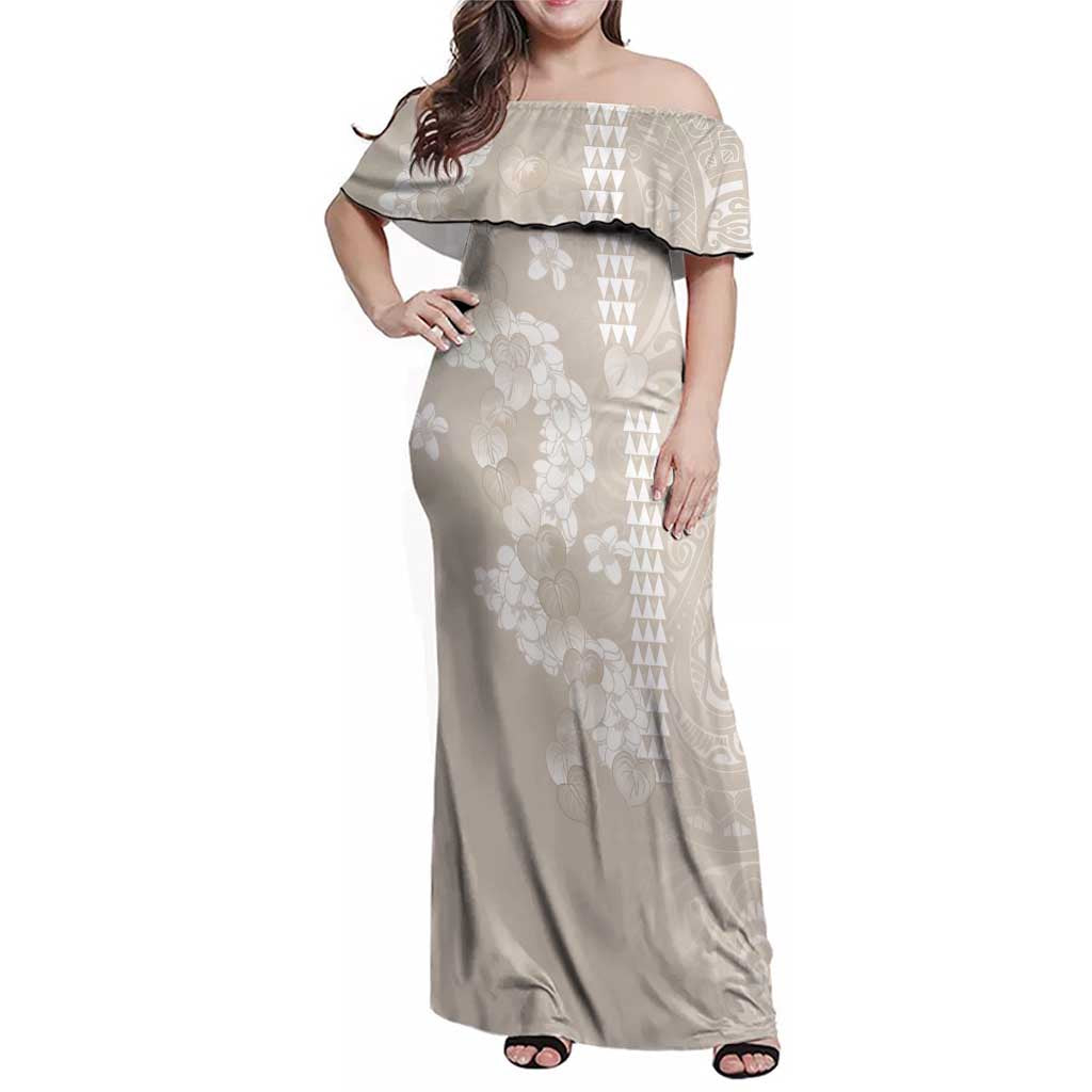 Suede Beige Hawaii Anthurium Plumeria Lei Family Matching Off Shoulder Maxi Dress and Hawaiian Shirt