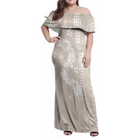 Suede Beige Hawaii Anthurium Plumeria Lei Family Matching Off Shoulder Maxi Dress and Hawaiian Shirt