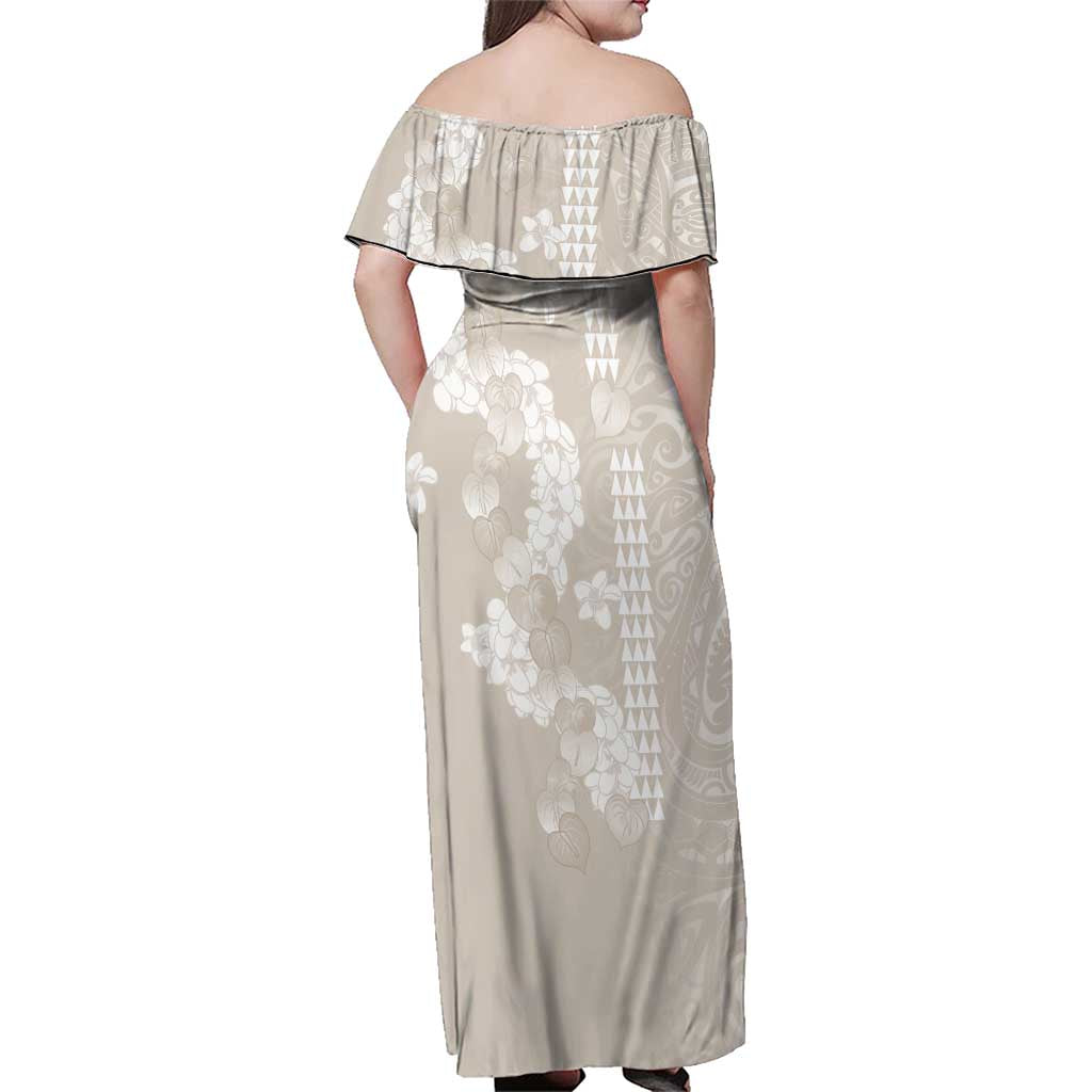 Suede Beige Hawaii Anthurium Plumeria Lei Family Matching Off Shoulder Maxi Dress and Hawaiian Shirt