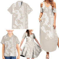 Suede Beige Hawaii Anthurium Plumeria Lei Family Matching Summer Maxi Dress and Hawaiian Shirt