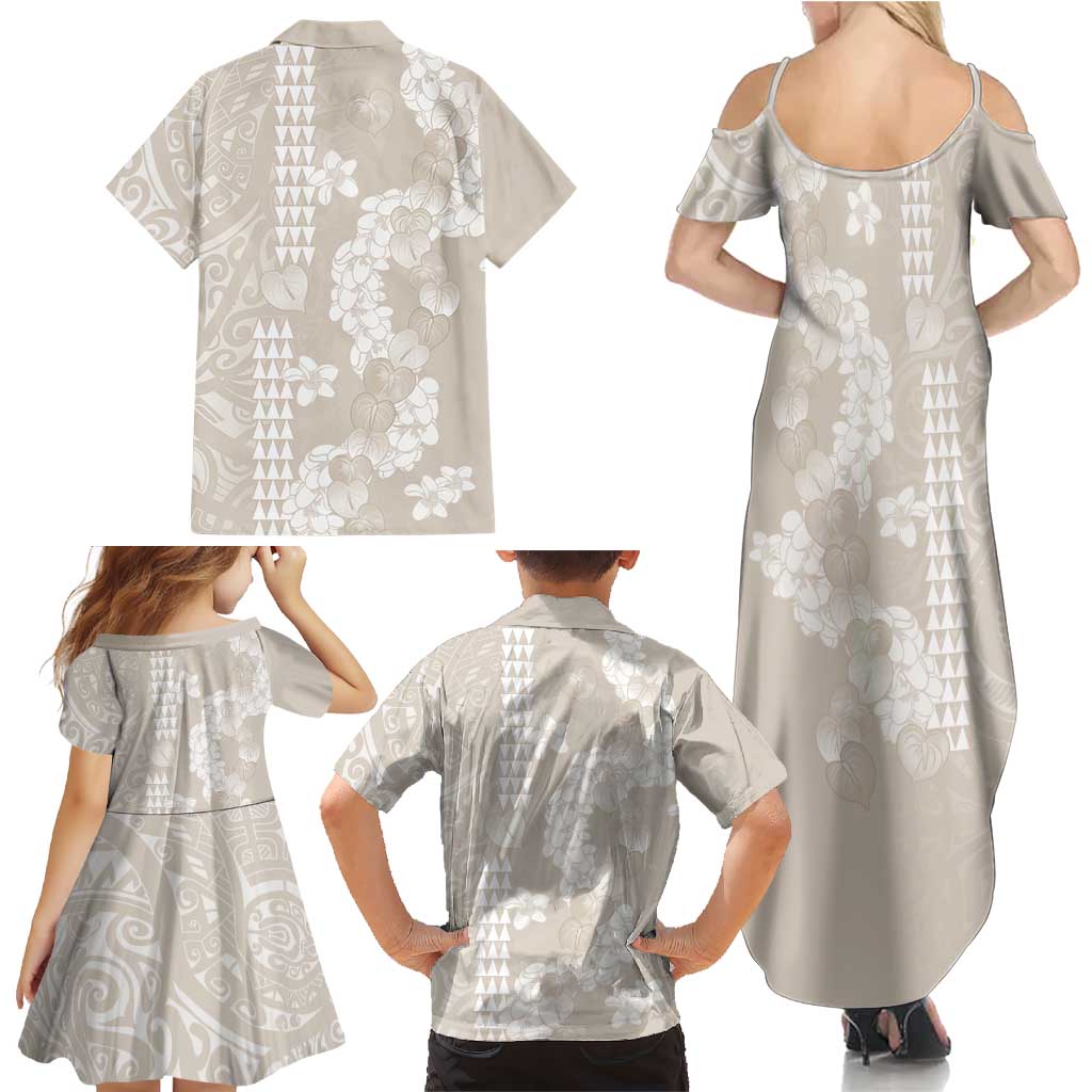 Suede Beige Hawaii Anthurium Plumeria Lei Family Matching Summer Maxi Dress and Hawaiian Shirt
