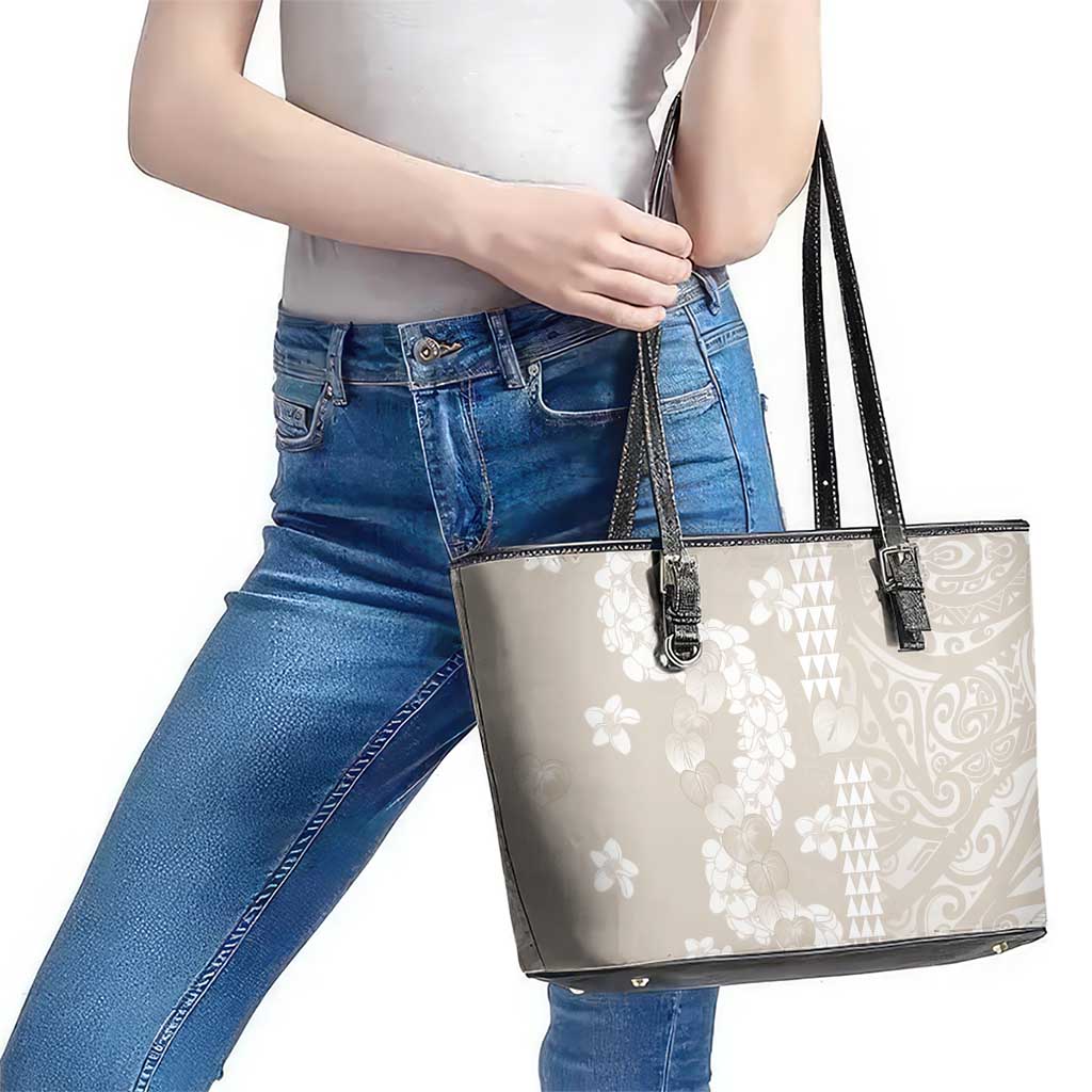 Suede Beige Hawaii Anthurium Plumeria Lei Leather Tote Bag LT9 - Polynesian Pride
