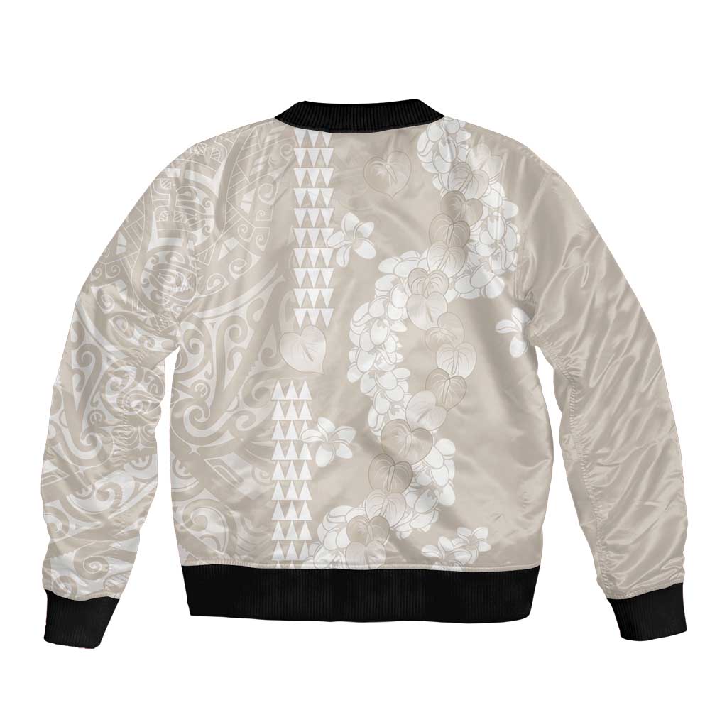 Suede Beige Hawaii Anthurium Plumeria Lei Sleeve Zip Bomber Jacket LT9 - Polynesian Pride