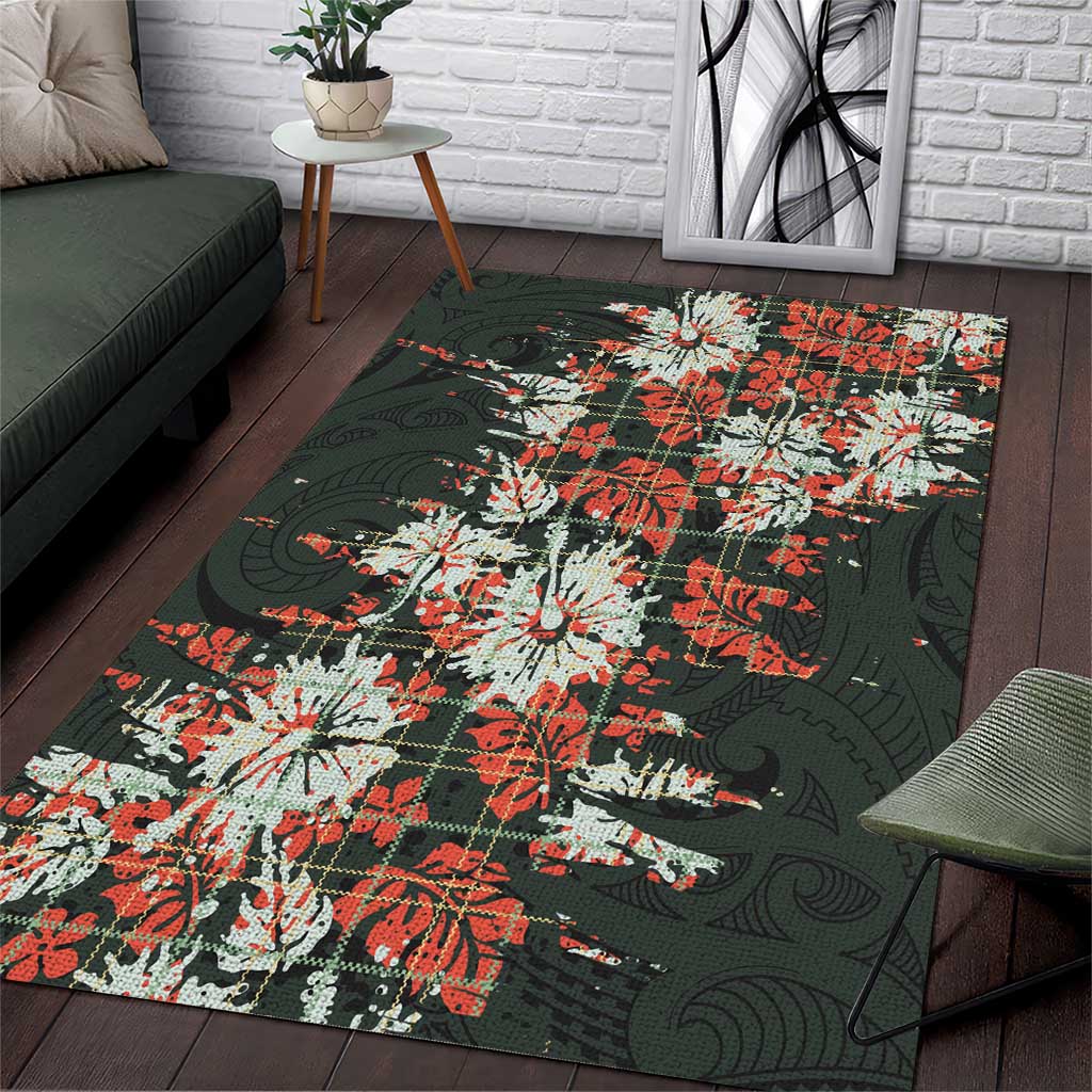 Hawaii Tartan With Hibiscus Area Rug Polynesian Pattern Vintage LT9 Dark Green - Polynesian Pride