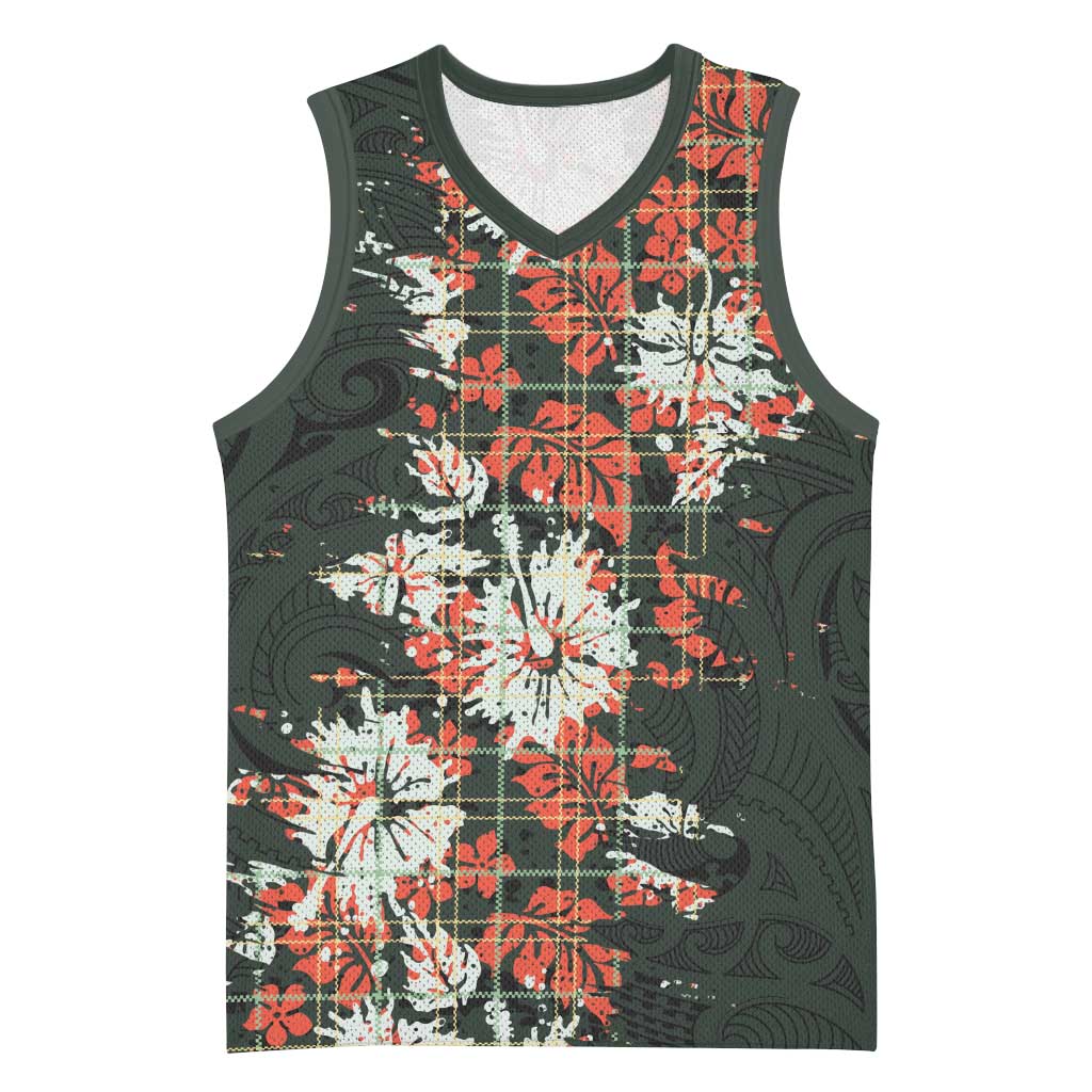 Hawaii Tartan With Hibiscus Basketball Jersey Polynesian Pattern Vintage LT9 Unisex Dark Green - Polynesian Pride