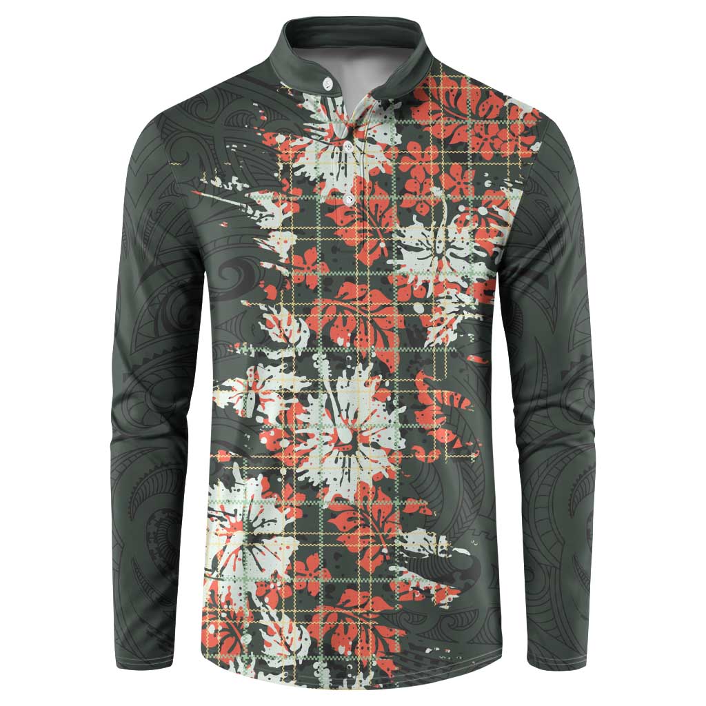 Hawaii Tartan With Hibiscus Button Sweatshirt Polynesian Pattern Vintage LT9 Dark Green - Polynesian Pride