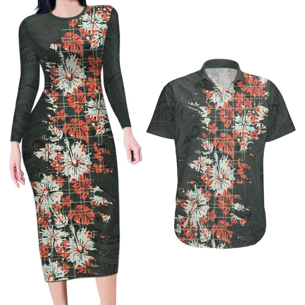 Hawaii Tartan With Hibiscus Couples Matching Long Sleeve Bodycon Dress and Hawaiian Shirt Polynesian Pattern Vintage