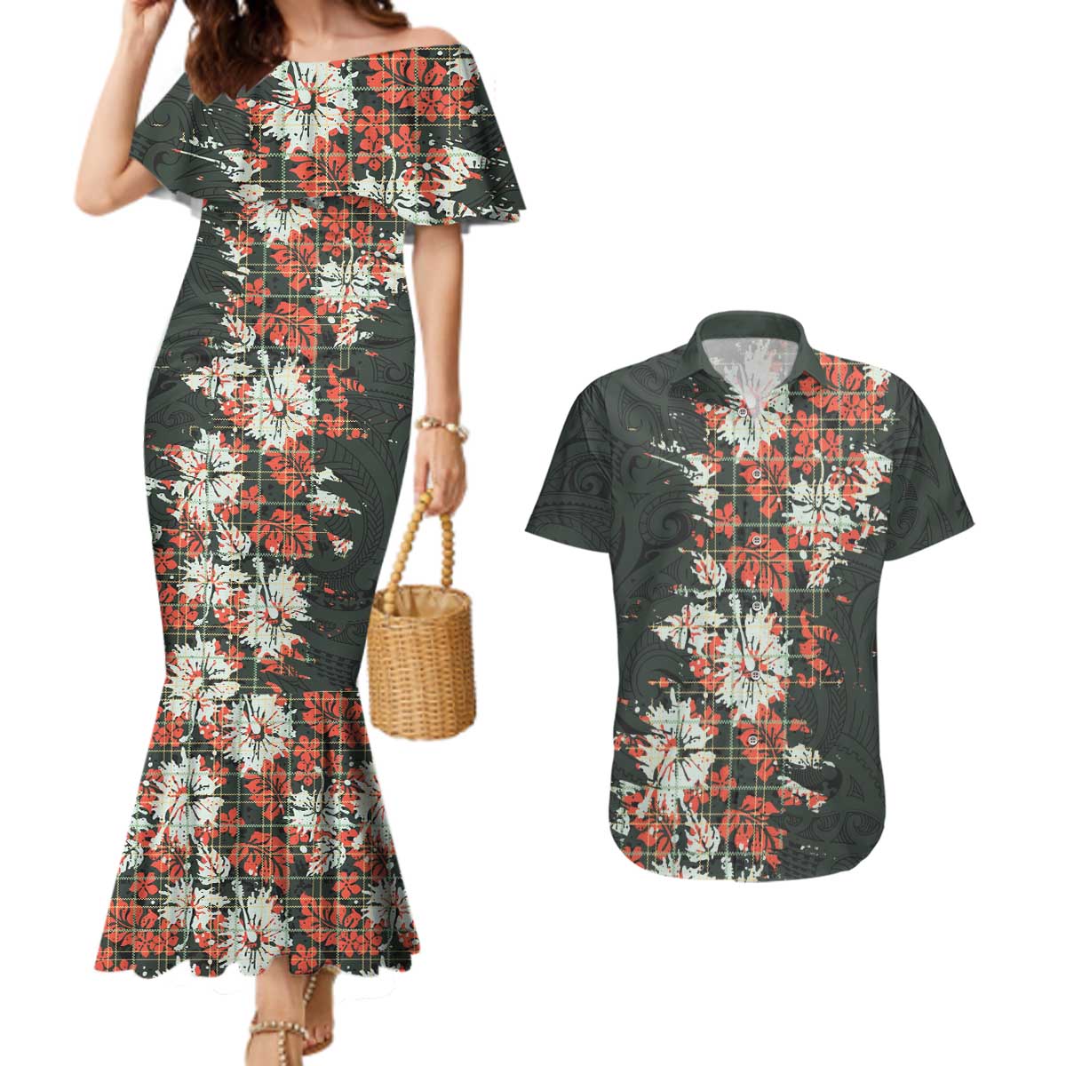 Hawaii Tartan With Hibiscus Couples Matching Mermaid Dress and Hawaiian Shirt Polynesian Pattern Vintage LT9 Dark Green - Polynesian Pride