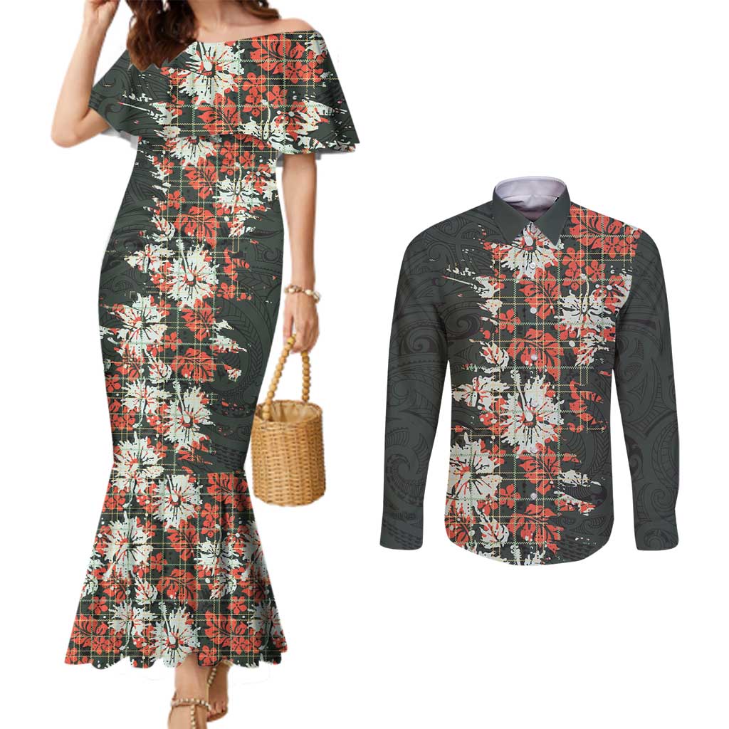 Hawaii Tartan With Hibiscus Couples Matching Mermaid Dress and Long Sleeve Button Shirt Polynesian Pattern Vintage LT9 Dark Green - Polynesian Pride