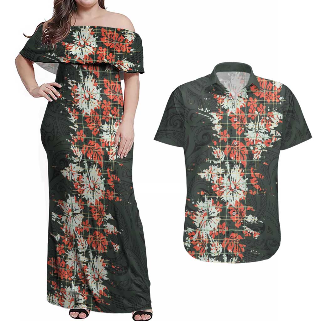 Hawaii Tartan With Hibiscus Couples Matching Off Shoulder Maxi Dress and Hawaiian Shirt Polynesian Pattern Vintage