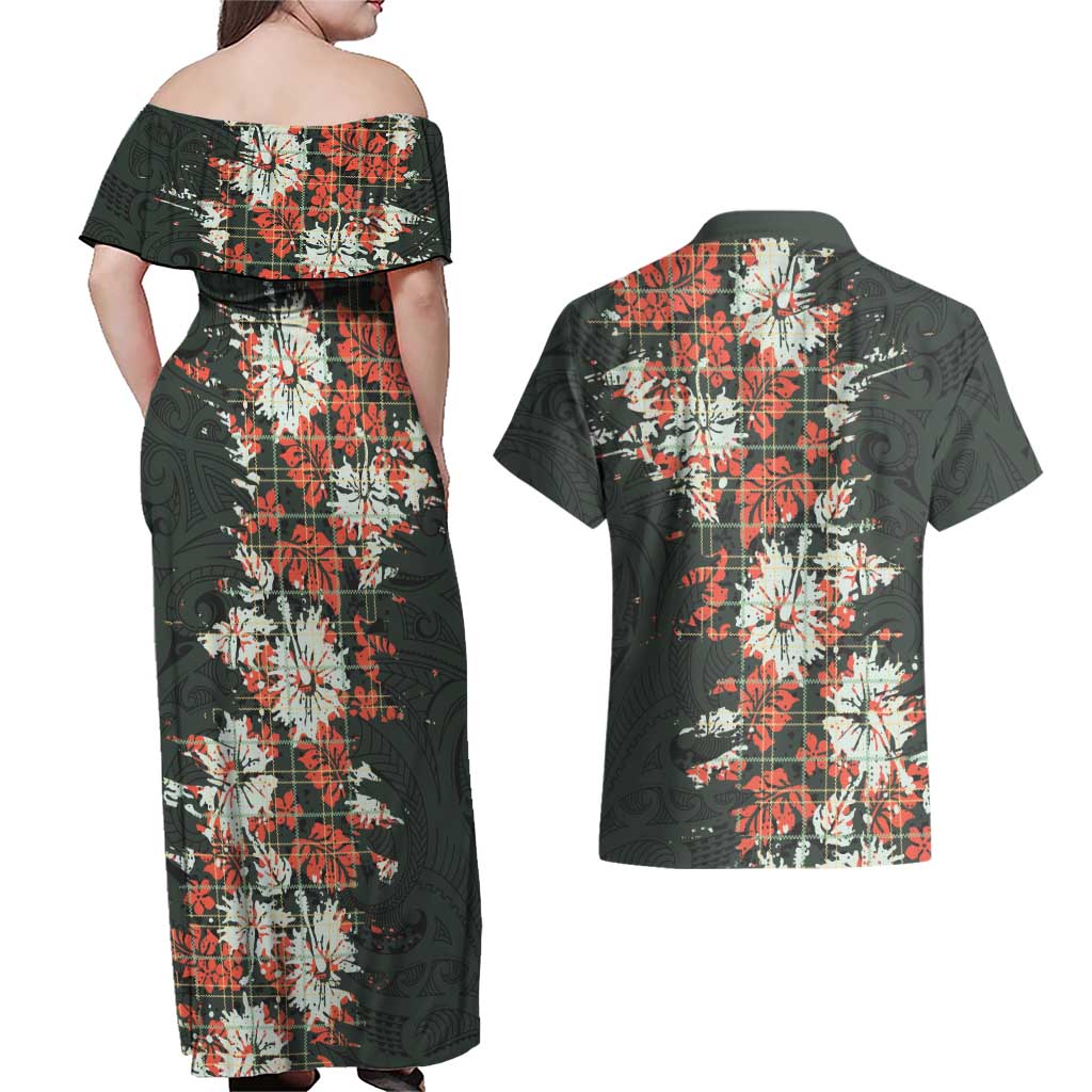 Hawaii Tartan With Hibiscus Couples Matching Off Shoulder Maxi Dress and Hawaiian Shirt Polynesian Pattern Vintage