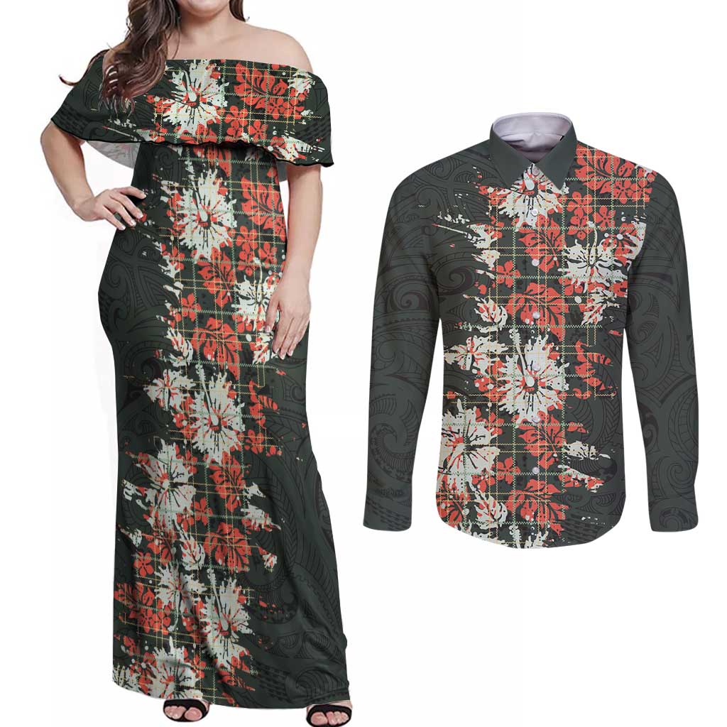 Hawaii Tartan With Hibiscus Couples Matching Off Shoulder Maxi Dress and Long Sleeve Button Shirt Polynesian Pattern Vintage LT9 Dark Green - Polynesian Pride