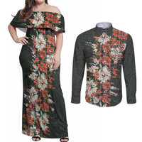 Hawaii Tartan With Hibiscus Couples Matching Off Shoulder Maxi Dress and Long Sleeve Button Shirt Polynesian Pattern Vintage LT9 Dark Green - Polynesian Pride