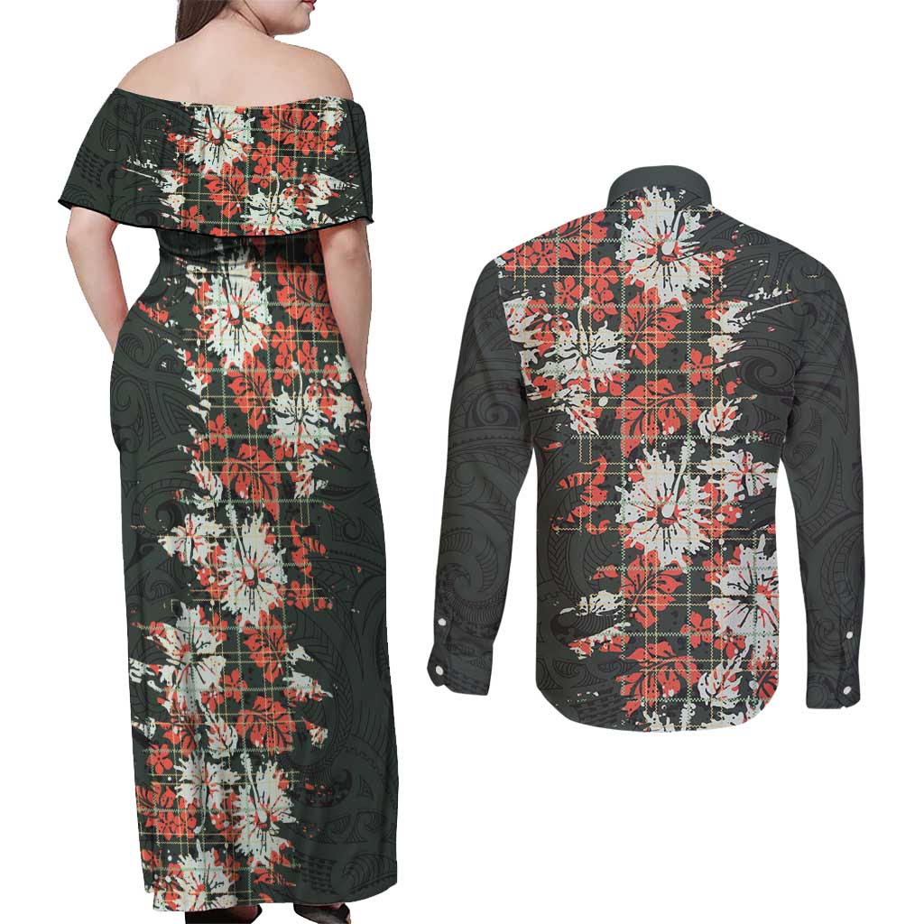 Hawaii Tartan With Hibiscus Couples Matching Off Shoulder Maxi Dress and Long Sleeve Button Shirt Polynesian Pattern Vintage LT9 - Polynesian Pride
