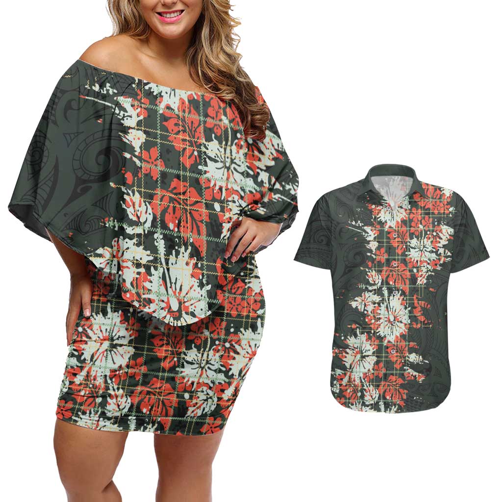 Hawaii Tartan With Hibiscus Couples Matching Off Shoulder Short Dress and Hawaiian Shirt Polynesian Pattern Vintage LT9 Dark Green - Polynesian Pride