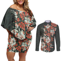 Hawaii Tartan With Hibiscus Couples Matching Off Shoulder Short Dress and Long Sleeve Button Shirt Polynesian Pattern Vintage LT9 Dark Green - Polynesian Pride