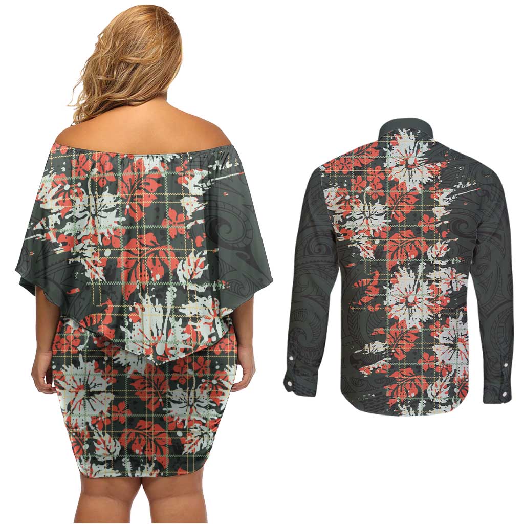 Hawaii Tartan With Hibiscus Couples Matching Off Shoulder Short Dress and Long Sleeve Button Shirt Polynesian Pattern Vintage LT9 - Polynesian Pride