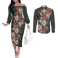 Hawaii Tartan With Hibiscus Couples Matching Off The Shoulder Long Sleeve Dress and Long Sleeve Button Shirt Polynesian Pattern Vintage