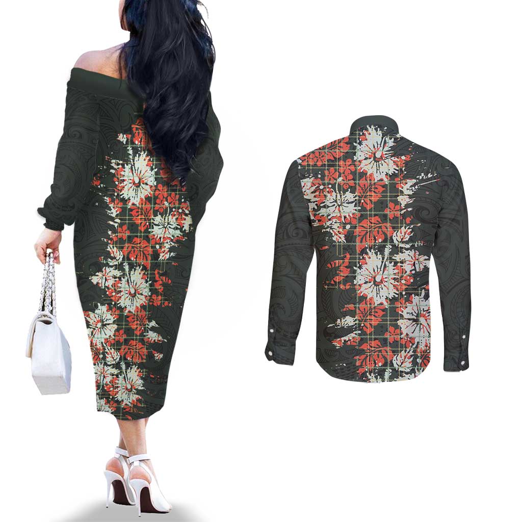 Hawaii Tartan With Hibiscus Couples Matching Off The Shoulder Long Sleeve Dress and Long Sleeve Button Shirt Polynesian Pattern Vintage