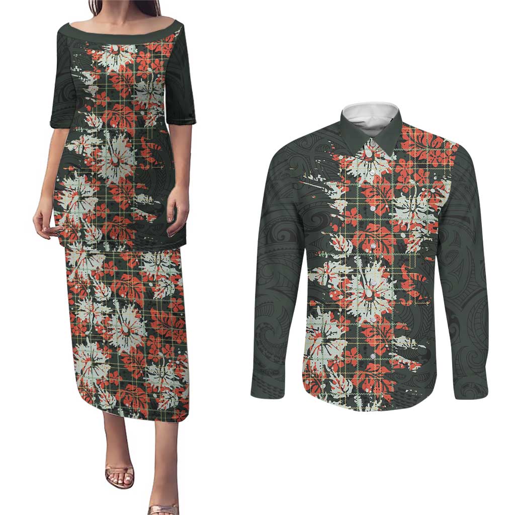 Hawaii Tartan With Hibiscus Couples Matching Puletasi and Long Sleeve Button Shirt Polynesian Pattern Vintage LT9 Dark Green - Polynesian Pride
