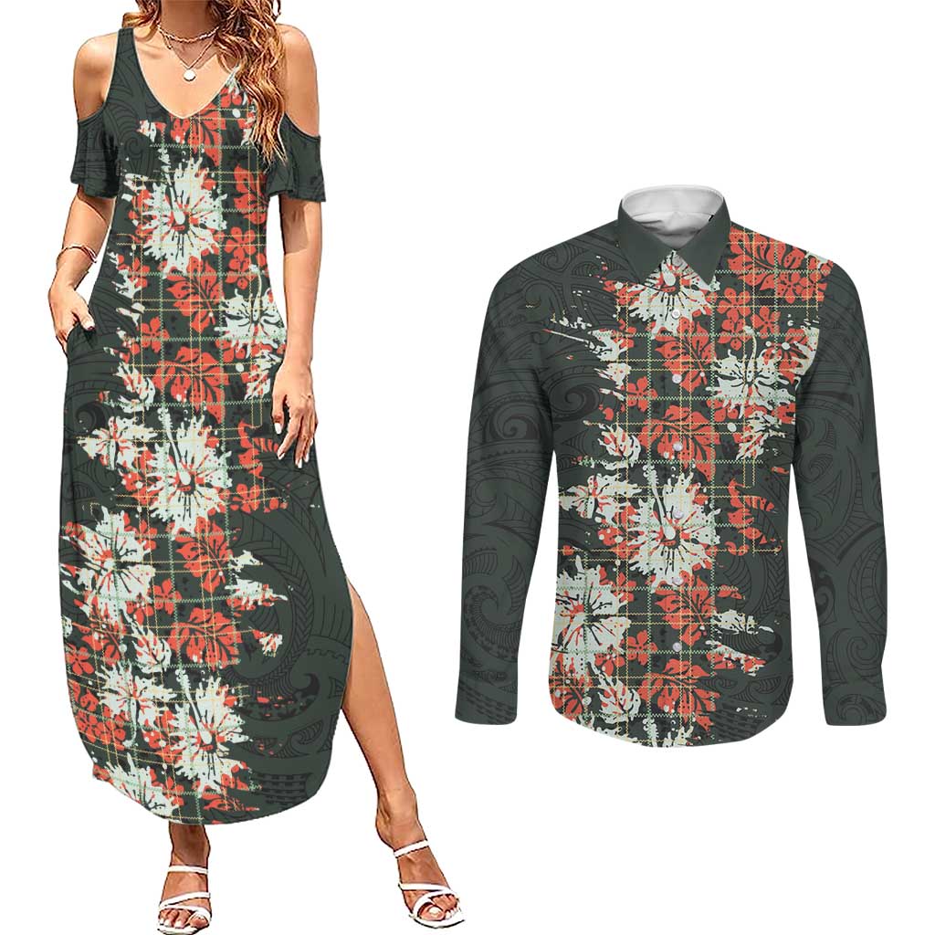 Hawaii Tartan With Hibiscus Couples Matching Summer Maxi Dress and Long Sleeve Button Shirt Polynesian Pattern Vintage LT9 Dark Green - Polynesian Pride
