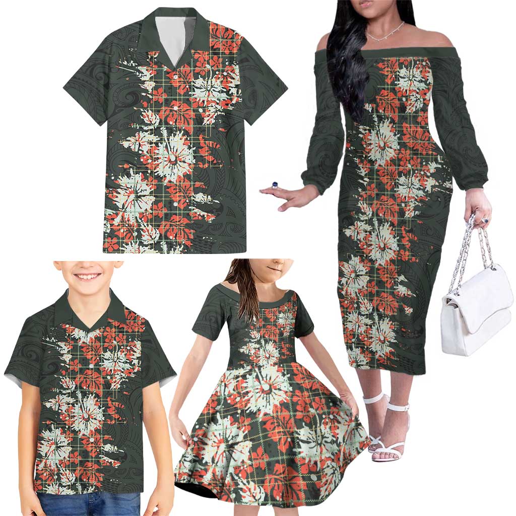 Hawaii Tartan With Hibiscus Family Matching Off The Shoulder Long Sleeve Dress and Hawaiian Shirt Polynesian Pattern Vintage