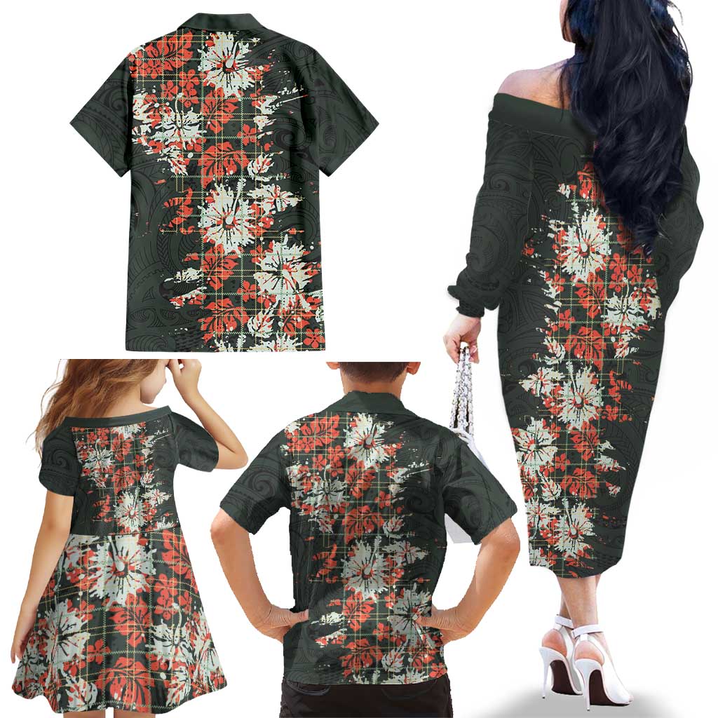 Hawaii Tartan With Hibiscus Family Matching Off The Shoulder Long Sleeve Dress and Hawaiian Shirt Polynesian Pattern Vintage