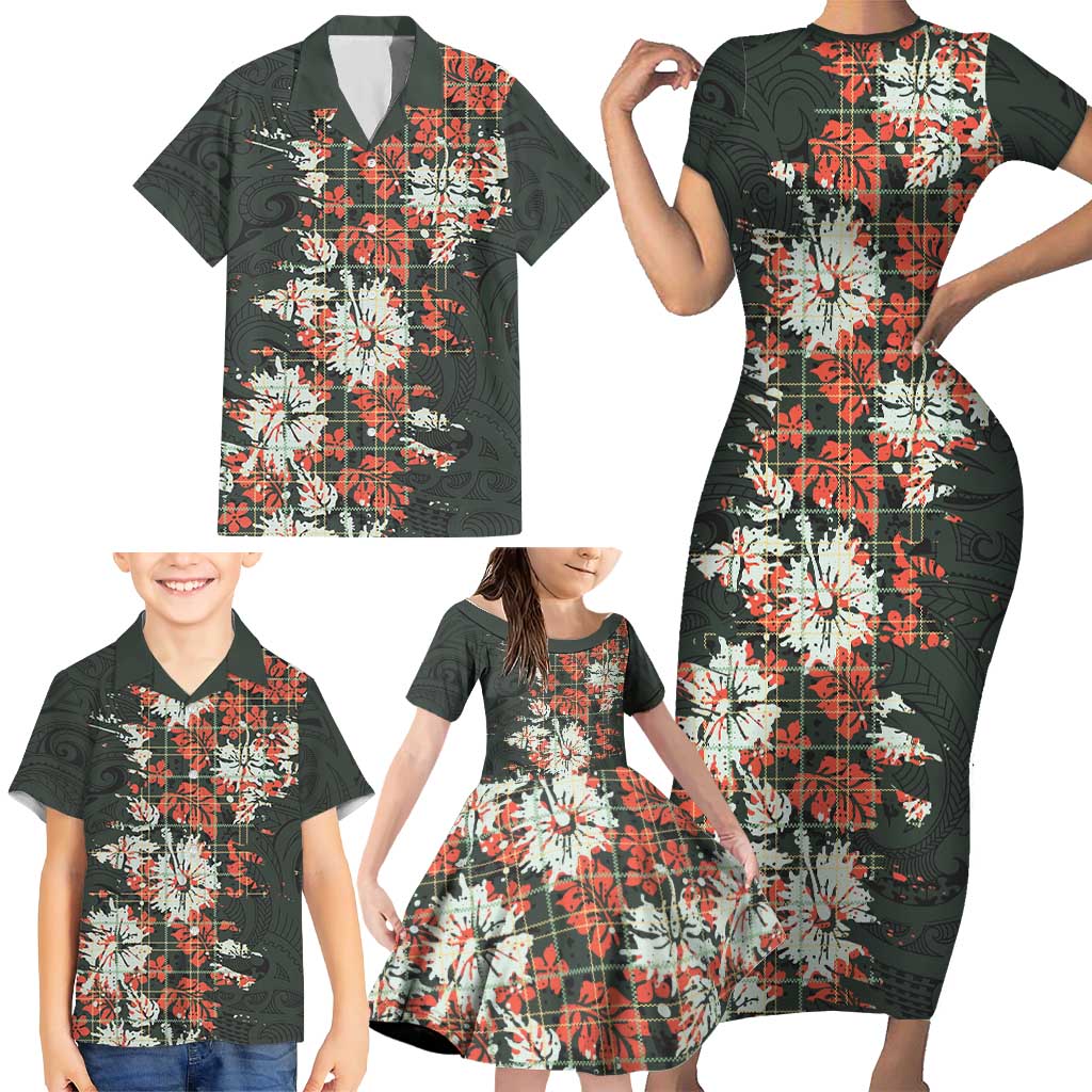 Hawaii Tartan With Hibiscus Family Matching Short Sleeve Bodycon Dress and Hawaiian Shirt Polynesian Pattern Vintage