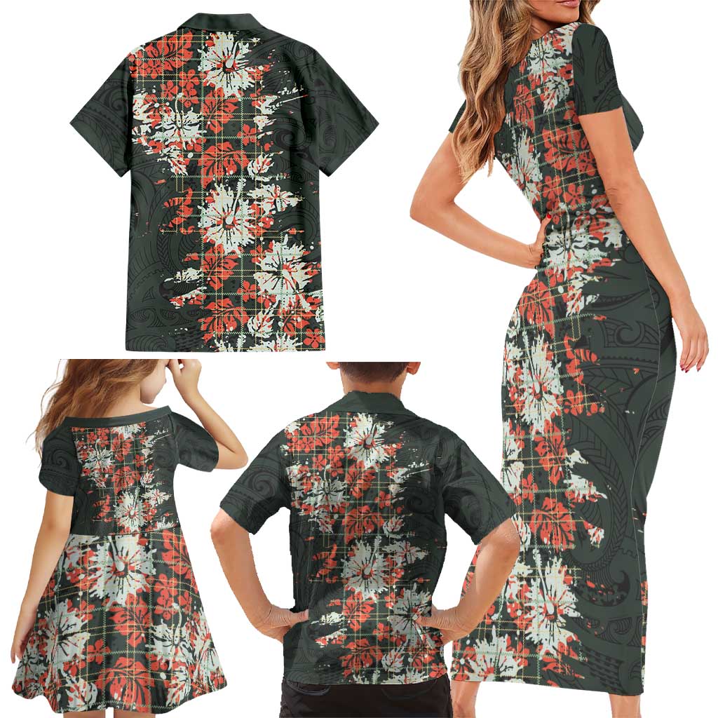 Hawaii Tartan With Hibiscus Family Matching Short Sleeve Bodycon Dress and Hawaiian Shirt Polynesian Pattern Vintage