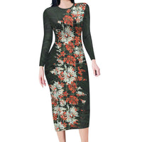 Hawaii Tartan With Hibiscus Long Sleeve Bodycon Dress Polynesian Pattern Vintage LT9 Long Dress Dark Green - Polynesian Pride