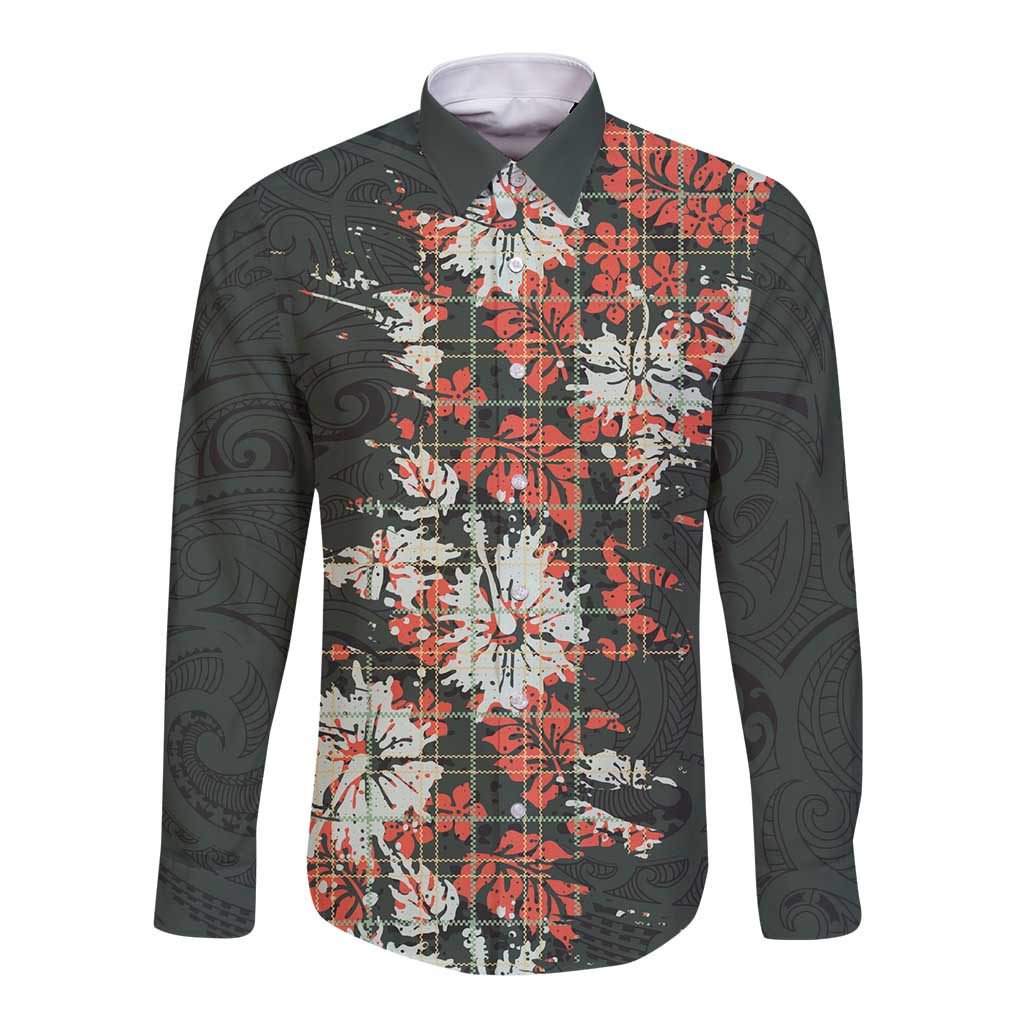 Hawaii Tartan With Hibiscus Long Sleeve Button Shirt Polynesian Pattern Vintage LT9 Unisex Dark Green - Polynesian Pride