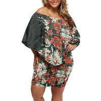 Hawaii Tartan With Hibiscus Off Shoulder Short Dress Polynesian Pattern Vintage