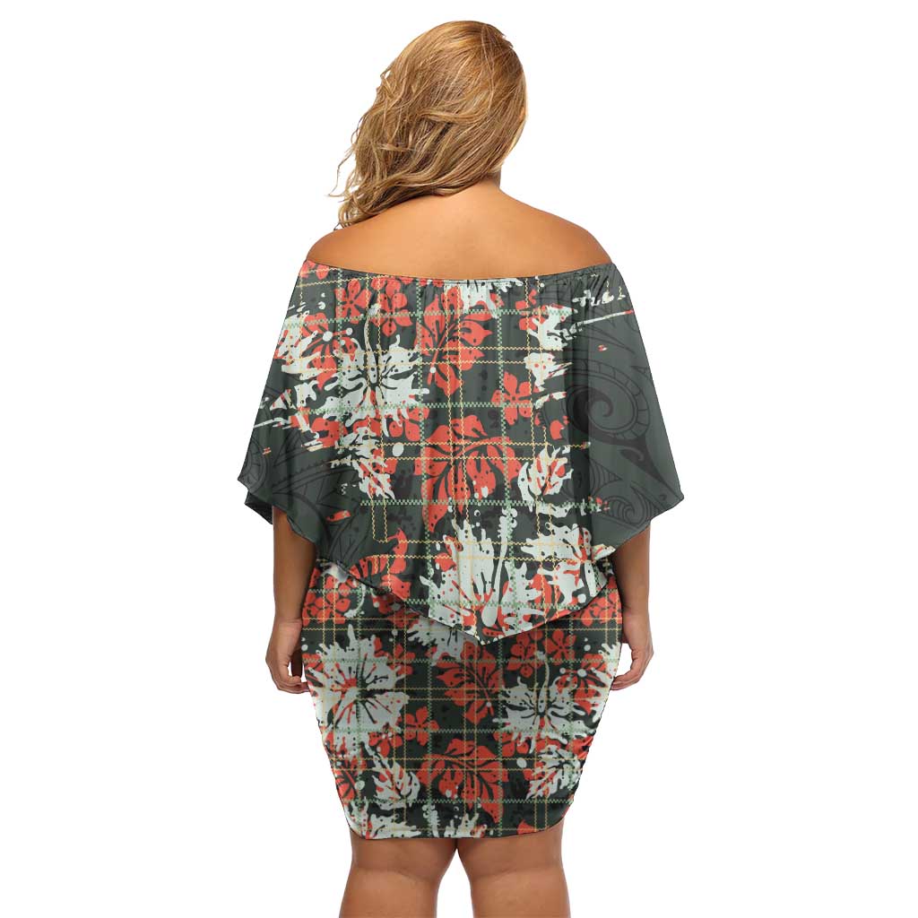 Hawaii Tartan With Hibiscus Off Shoulder Short Dress Polynesian Pattern Vintage
