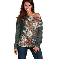 Hawaii Tartan With Hibiscus Off Shoulder Sweater Polynesian Pattern Vintage LT9 Women Dark Green - Polynesian Pride