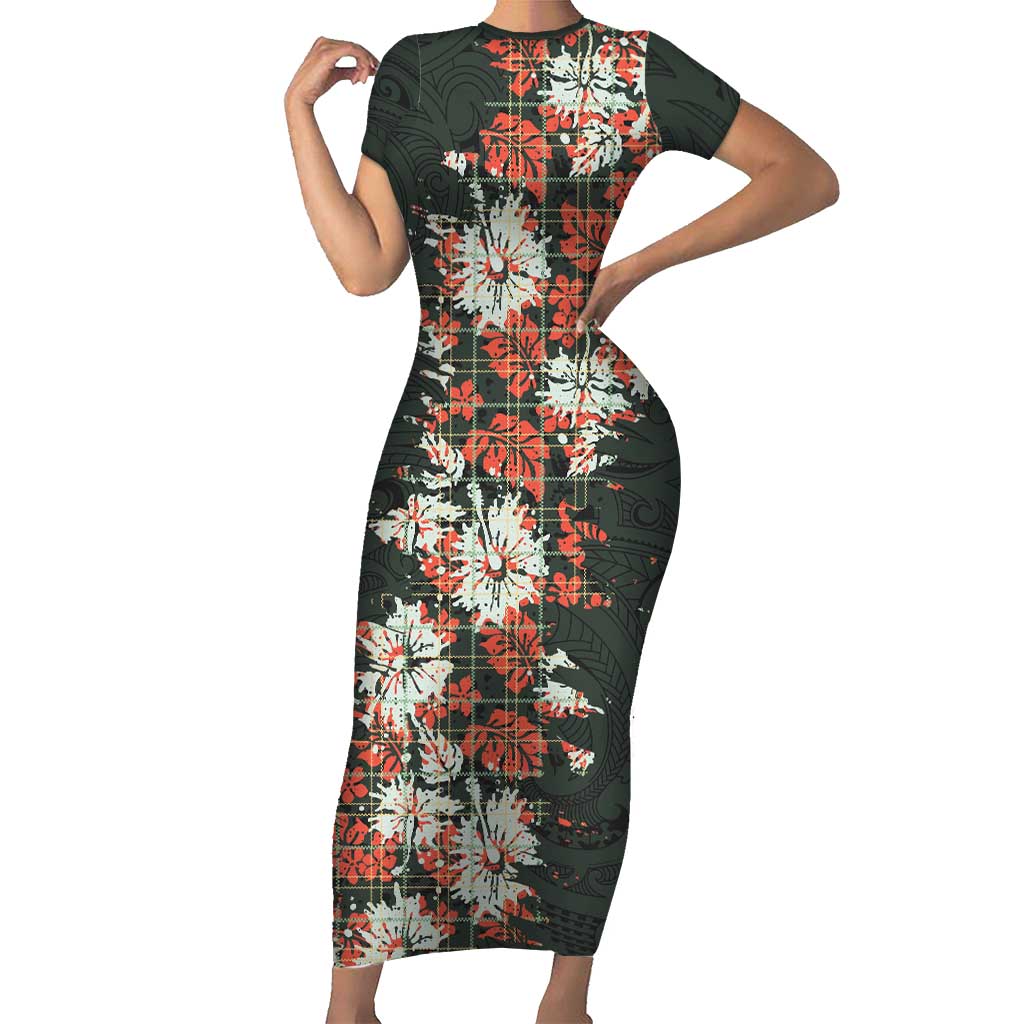 Hawaii Tartan With Hibiscus Short Sleeve Bodycon Dress Polynesian Pattern Vintage